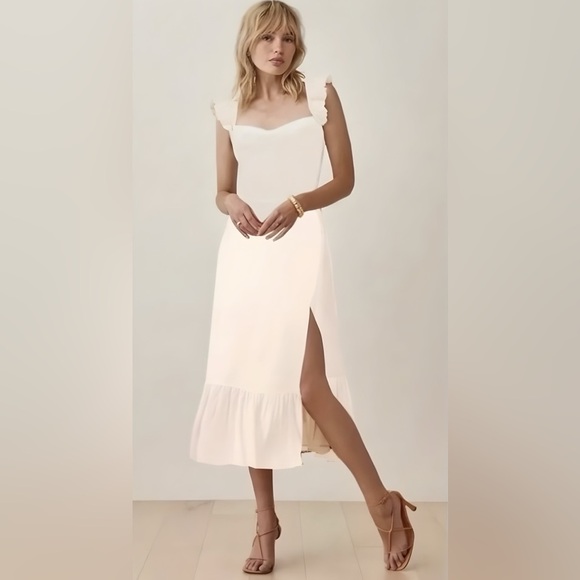 New Reformation Bondi Midi Georgette Side Slit Dress Ivory Size 4 - Picture 3 of 14